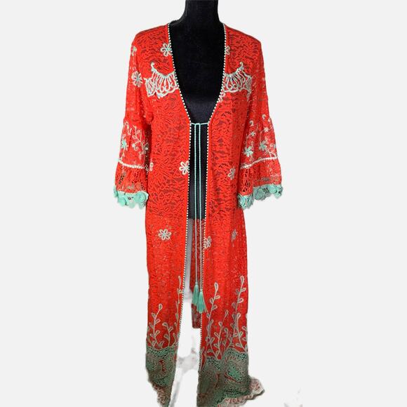 Antica Sartoria by Giacomo Long Lace Kimono Red Aqua Embroidered Boho Cover up - Picture 6 of 16
